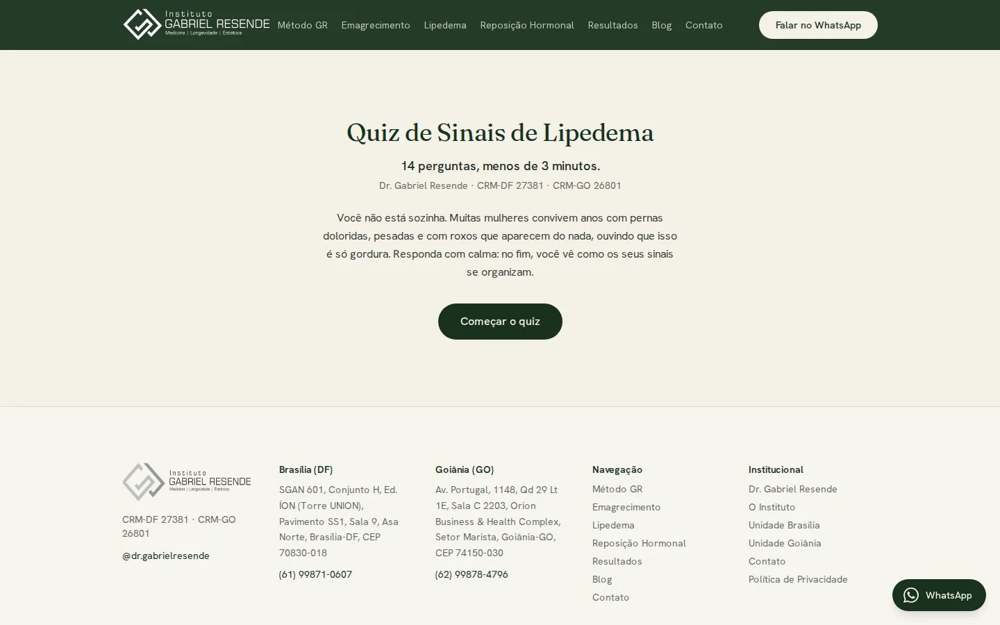 Página do questionário no site do Instituto Gabriel Resende