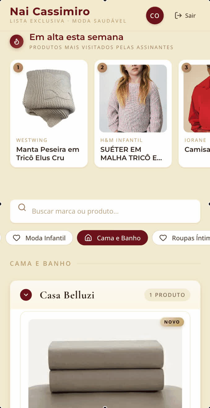Tela da plataforma de assinatura da Nai Cassimiro no celular