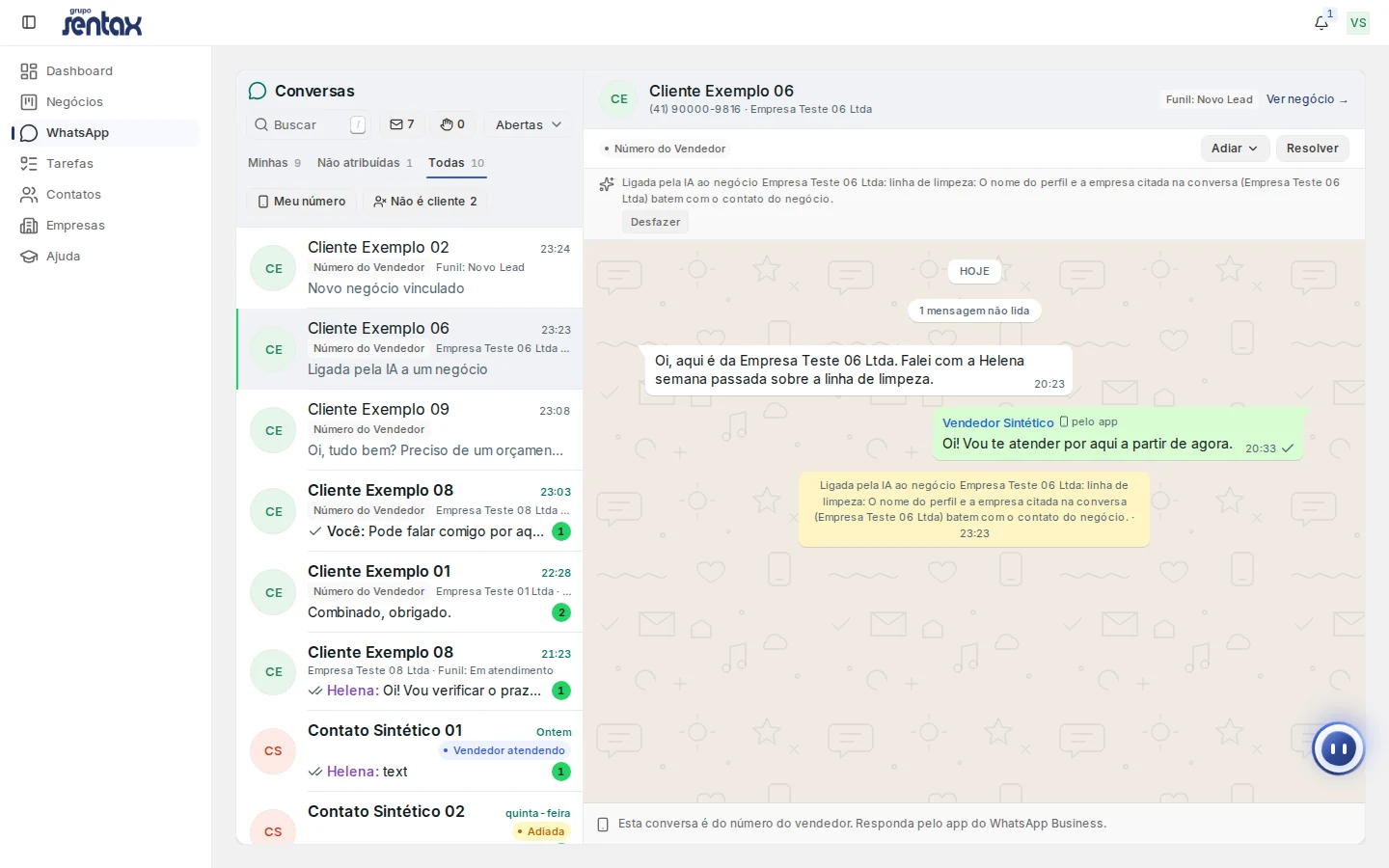 Conversas do atendimento no sistema da Sentax, com dados de demonstração